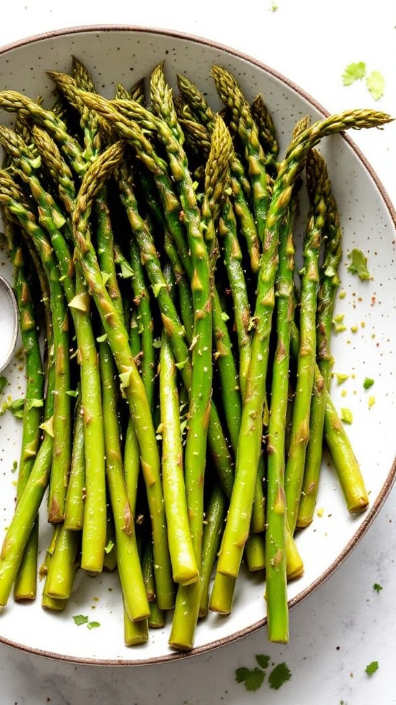 A bowl of vibrant green asparagus garnished with lemon zest and a slice of lemon.