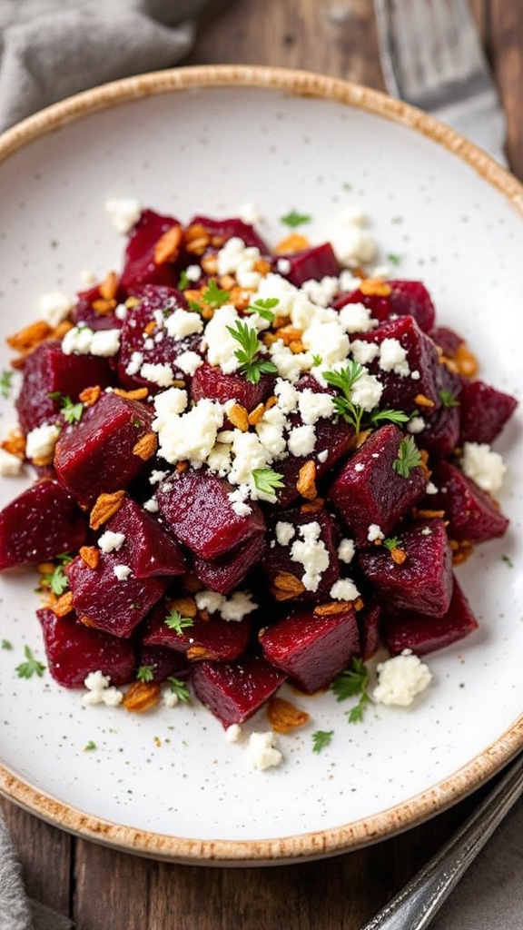 Deliciously roasted beets topped with feta cheese and parsley