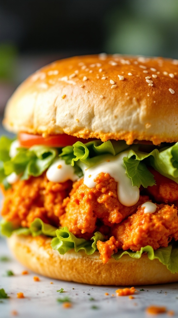 A delicious Air Fryer Buffalo Chicken Sandwich with crispy chicken, fresh lettuce, tomato, and ranch dressing on a sesame seed bun.