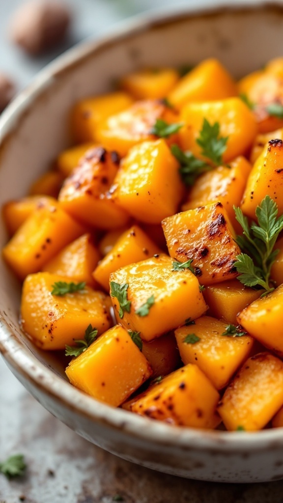 Bowl of air fryer butternut squash cubes, garnished with parsley.