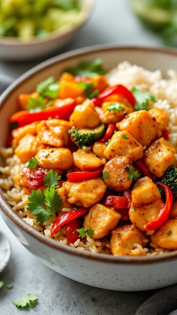 Delicious air fryer chicken and vegetable stir fry served with rice.