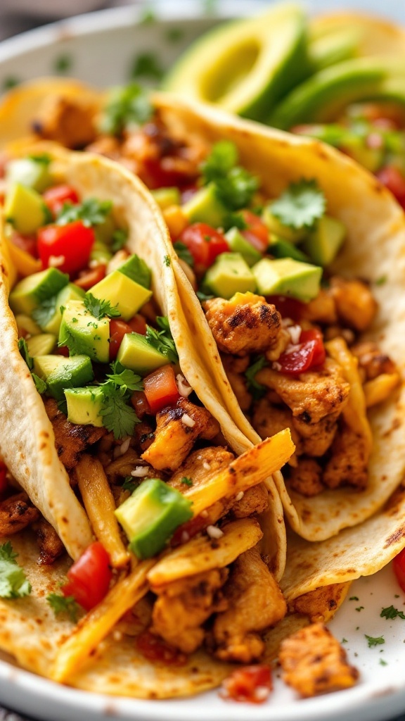 Delicious chicken fajitas served in tortillas with colorful toppings.