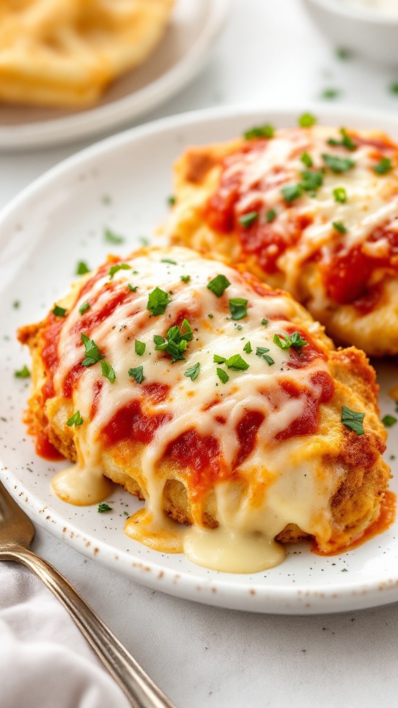 A plate of air fryer chicken parmesan served with pasta, garnished with fresh herbs.