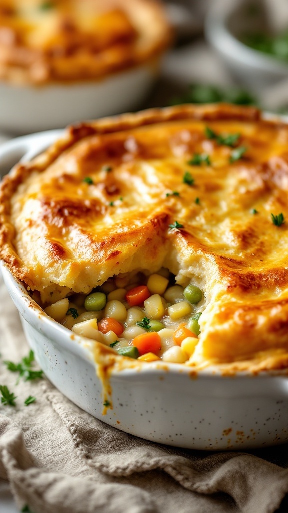 Delicious golden-brown chicken pot pie with flaky crust and mixed vegetables peeking through