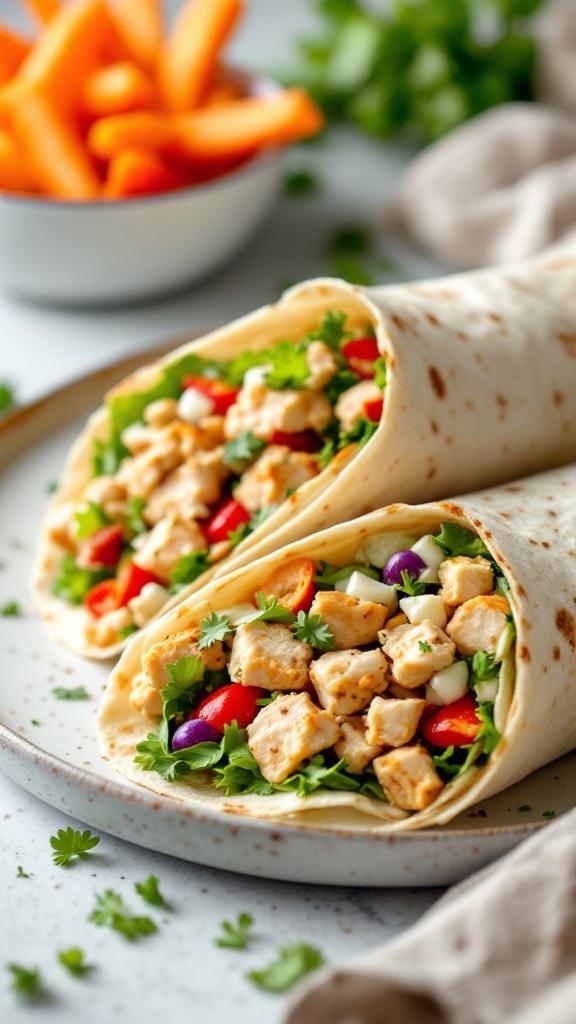 Two chicken salad wraps filled with diced chicken and colorful vegetables