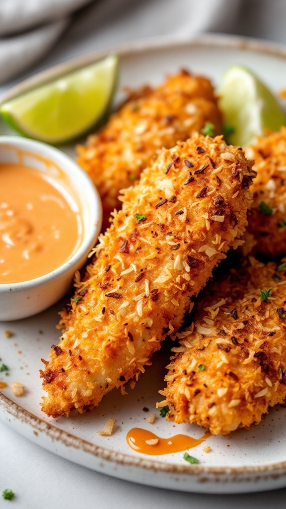 Delicious air fryer coconut chicken served with dipping sauce and lime.