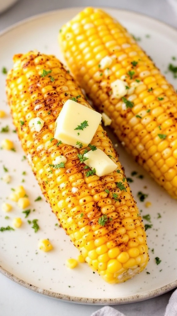 Air fryer corn on the cob served with butter and parsley