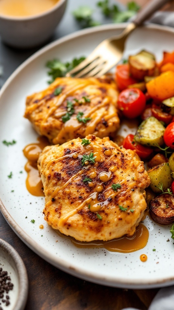 Air fryer honey mustard chicken served with roasted vegetables