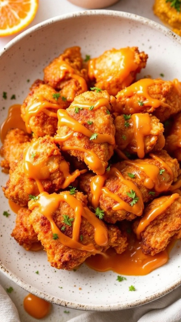 Plate of air fryer orange chicken served over rice