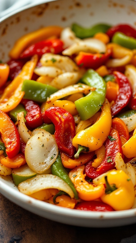 Colorful medley of peppers and onions cooked in the air fryer.