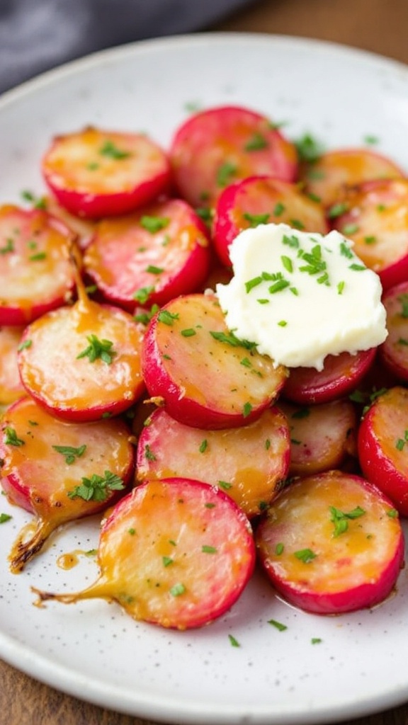 A delicious plate of air fryer radishes topped with herb butter and chopped herbs.