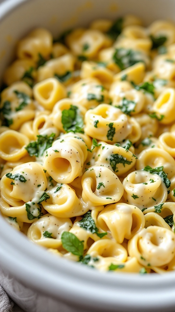 A bowl of creamy Alfredo Spinach Tortellini garnished with fresh greens.