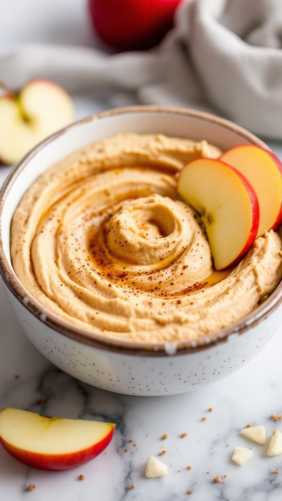 A bowl of apple cinnamon hummus garnished with apple slices and served with graham crackers.