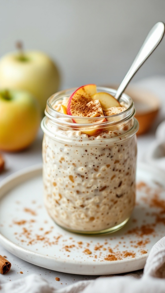 A jar of apple pie cinnamon oats topped with apple slices and cinnamon