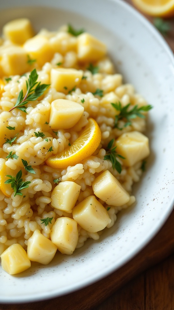 A plate of creamy artichoke and lemon risotto garnished with lemon slices.