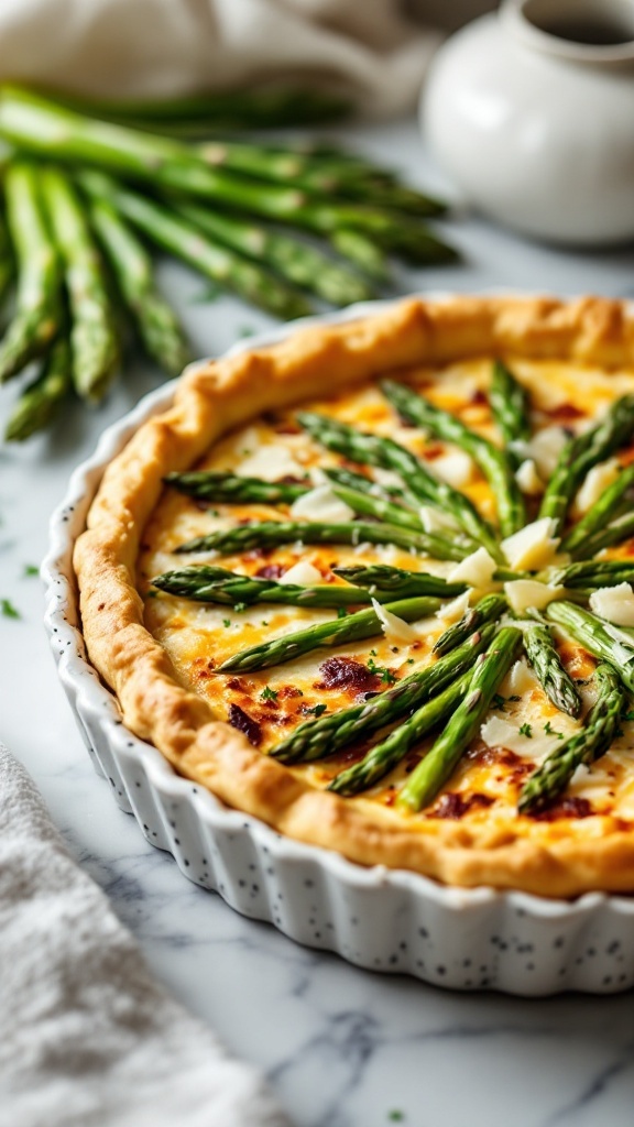 A delicious asparagus and parmesan crustless quiche, beautifully baked and garnished, ideal for brunch.