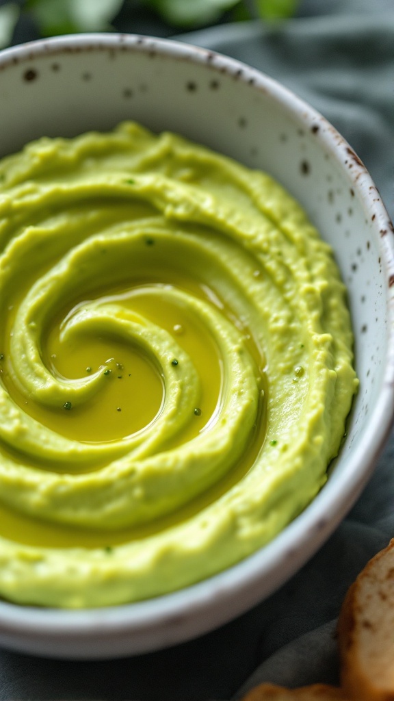 A bowl of creamy avocado hummus garnished with cilantro and lime slices.