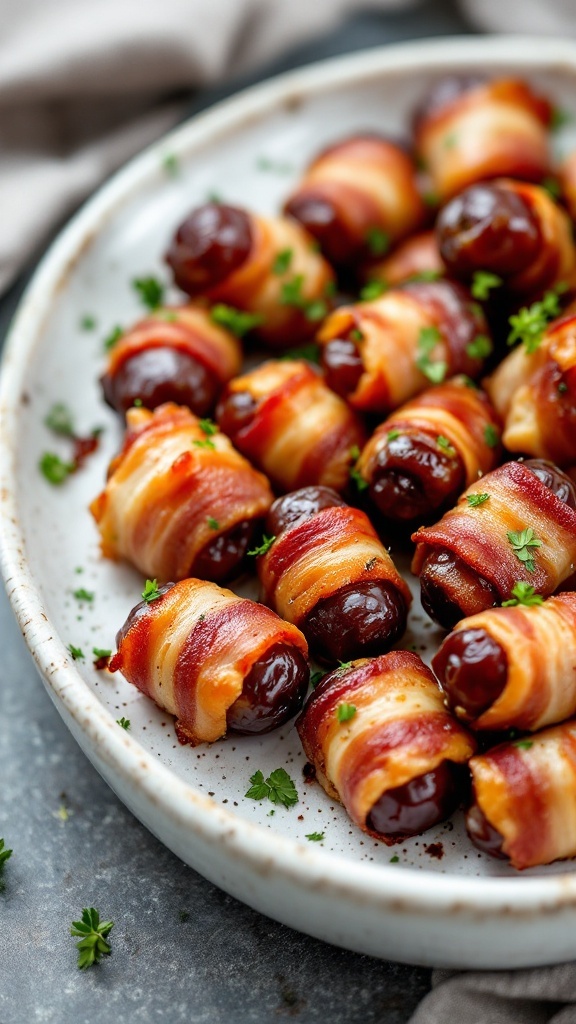 Plate of bacon-wrapped dates garnished with herbs