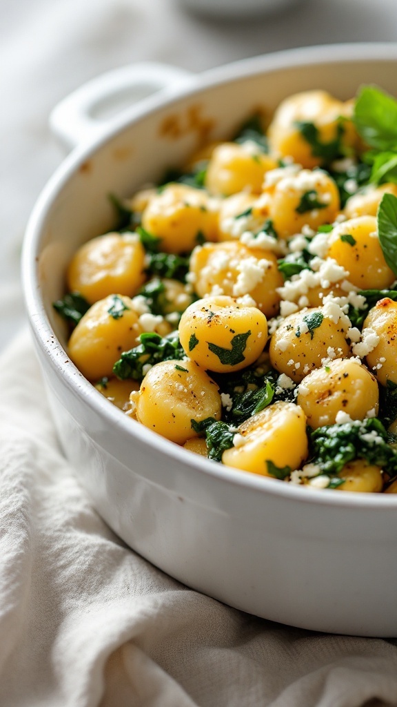 Baked gnocchi with spinach and feta in a baking dish.