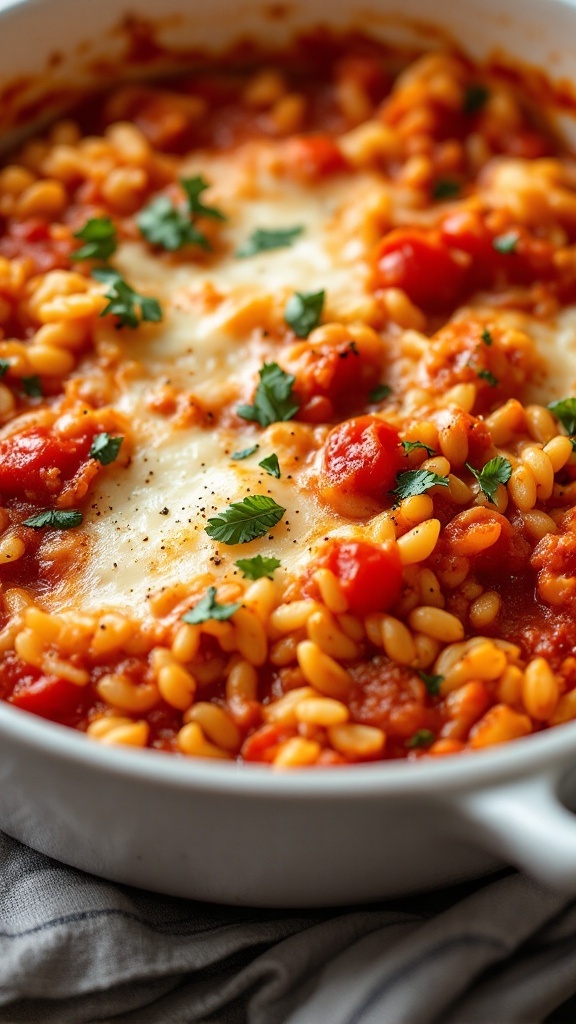 A comforting baked orzo dish with cheese and tomatoes, garnished with fresh herbs.