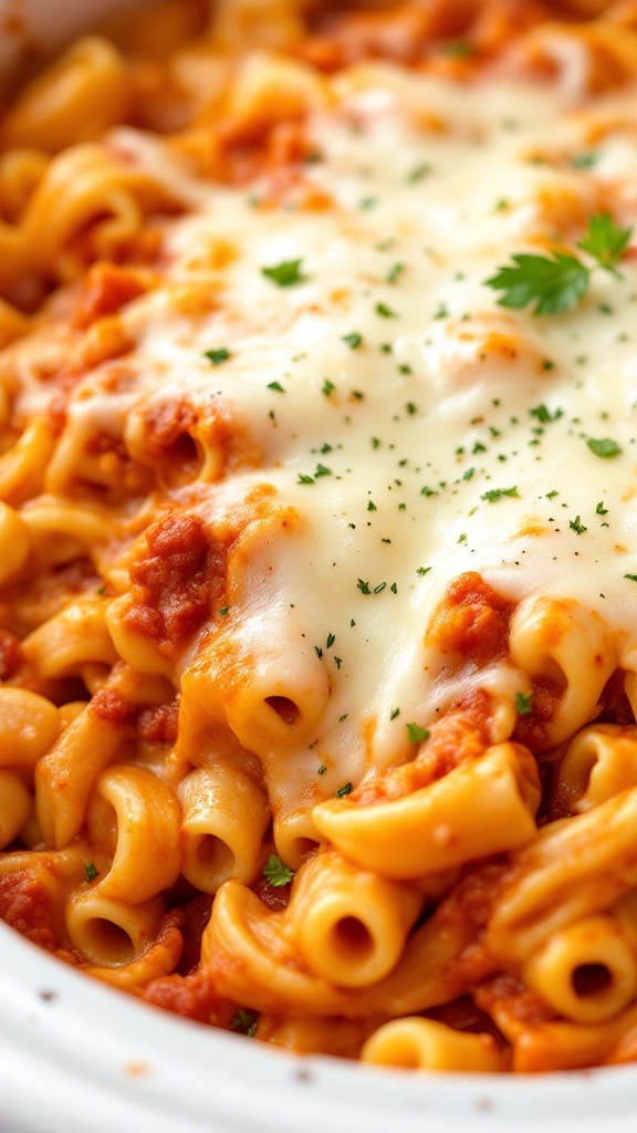 A close-up of baked ziti with mozzarella cheese, garnished with parsley.
