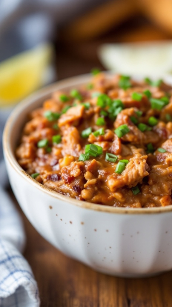 A bowl filled with barbecue pulled pork dip topped with green onions, served with soft rolls on the side.