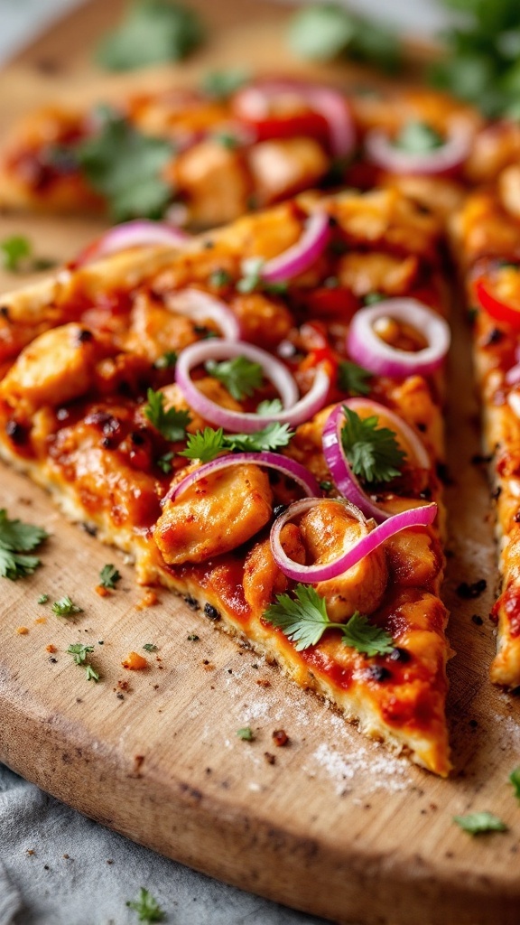 BBQ Chicken Pizza with shredded chicken, red onions, and cilantro