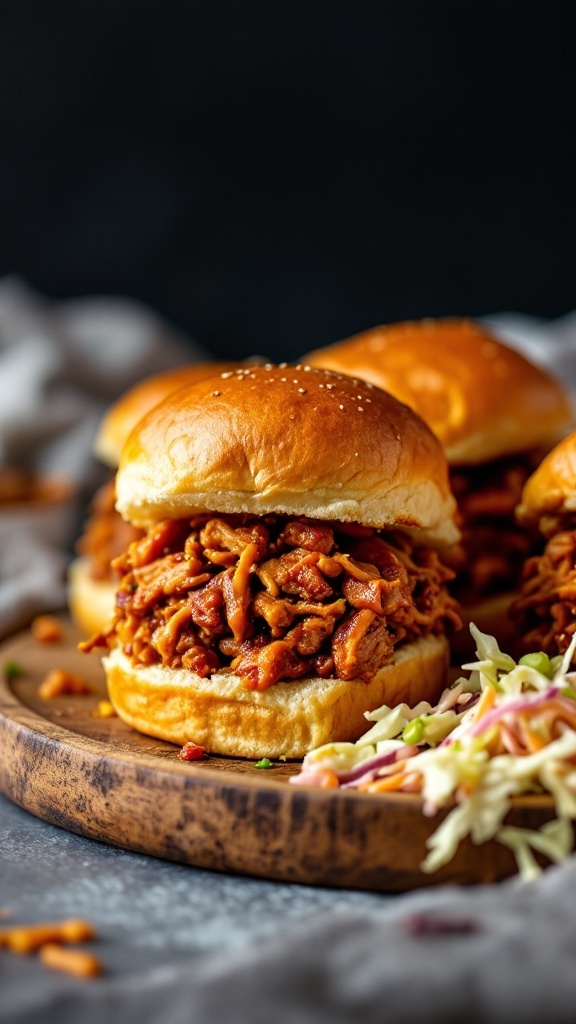 BBQ Pulled Chicken Sliders on a wooden plate with coleslaw