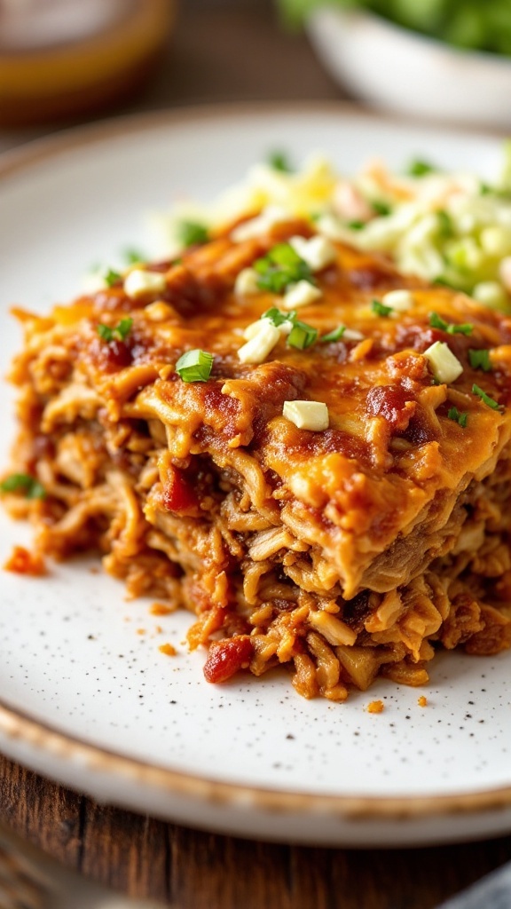 A delicious BBQ pulled pork and coleslaw casserole served on a plate.