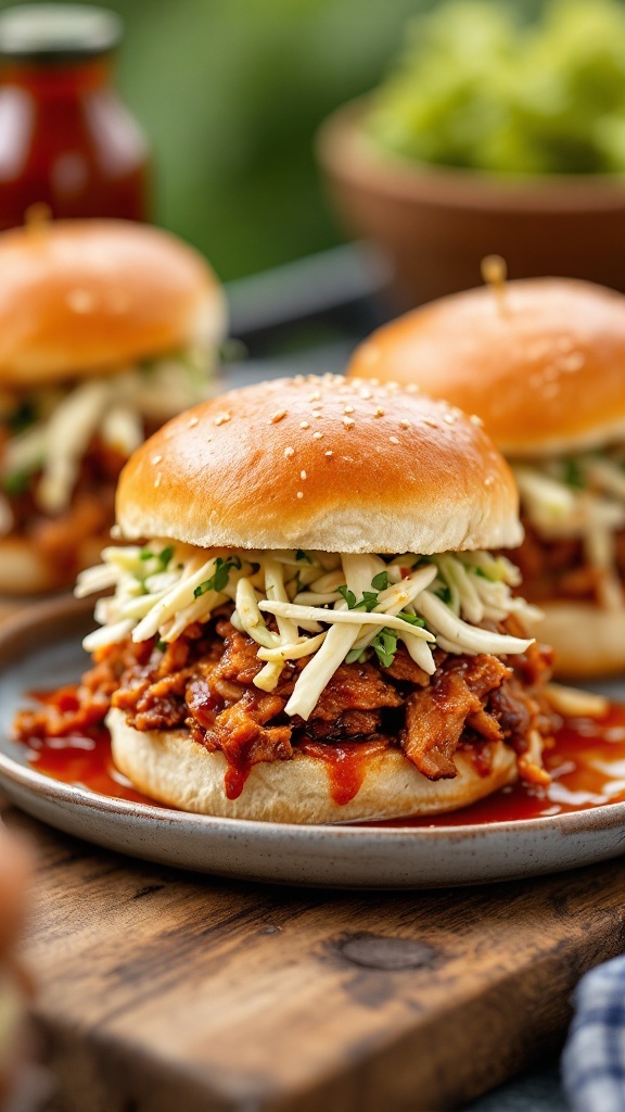 Delicious BBQ Pulled Pork Sliders with coleslaw on top, served on a wooden platter.