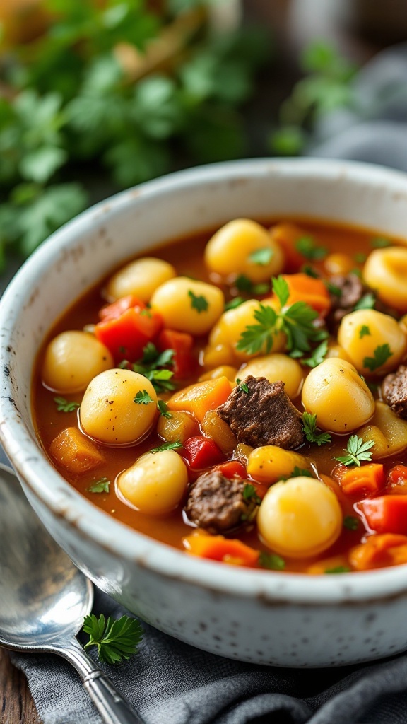 A bowl of hearty Beef Gnocchi Soup with colorful vegetables and gnocchi.