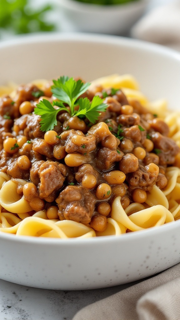 A bowl of beef stroganoff served on top of egg noodles, garnished with parsley.