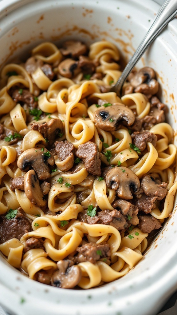 A delicious serving of Beef Stroganoff Pasta with tender beef and mushrooms.