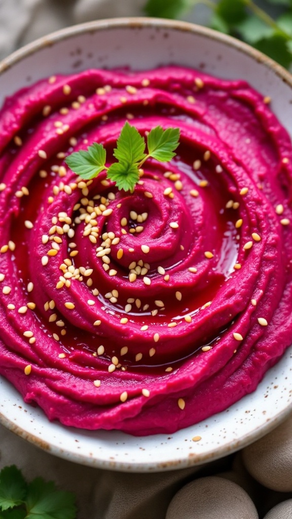 A vibrant bowl of beetroot hummus garnished with sesame seeds and served with fresh vegetables.