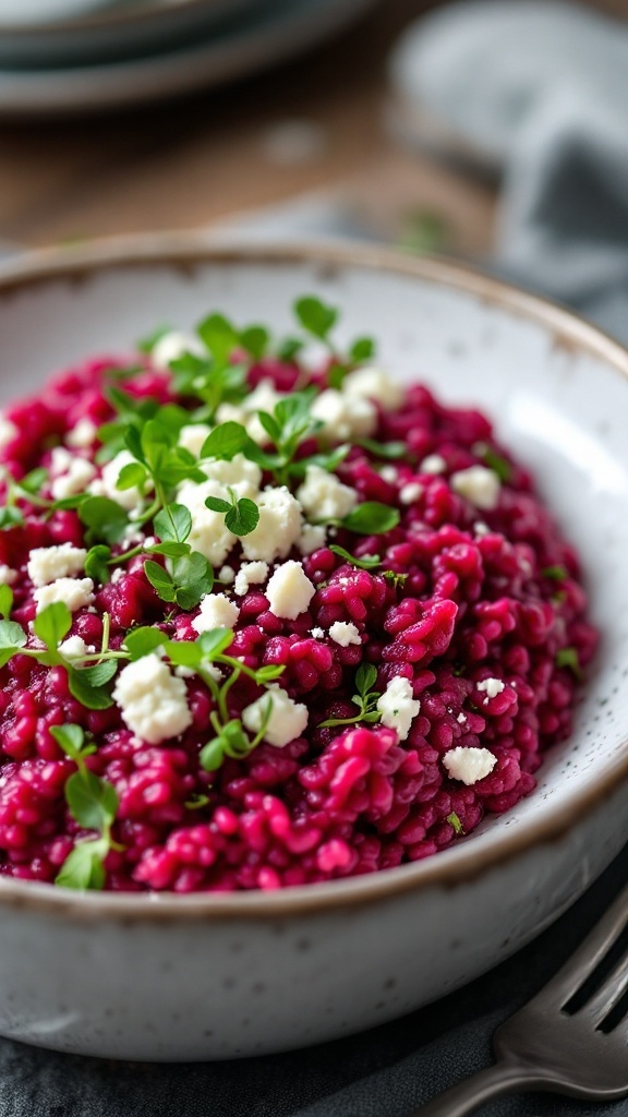 A vibrant bowl of beetroot risotto topped with crumbled goat cheese and fresh herbs