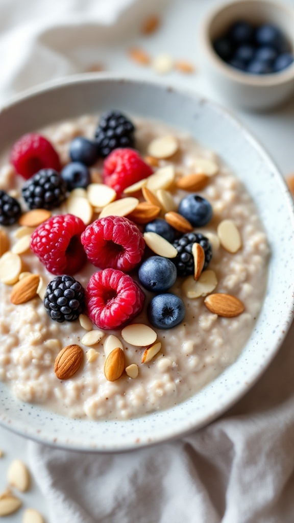 A bowl of Berry Almond Bliss Oats topped with raspberries, blueberries, blackberries, and sliced almonds.