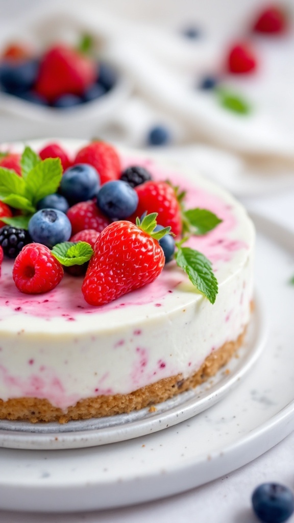 A delicious berry cheesecake with fresh berries and mint on top.