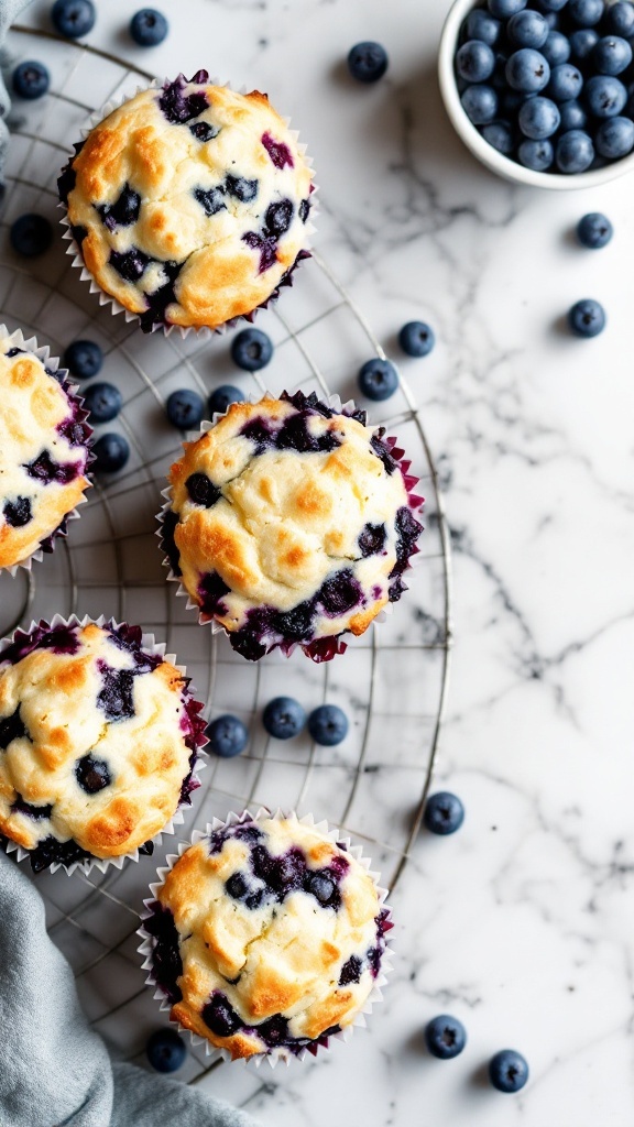 Freshly baked blueberry cottage cheese muffins on a wire cooling rack.