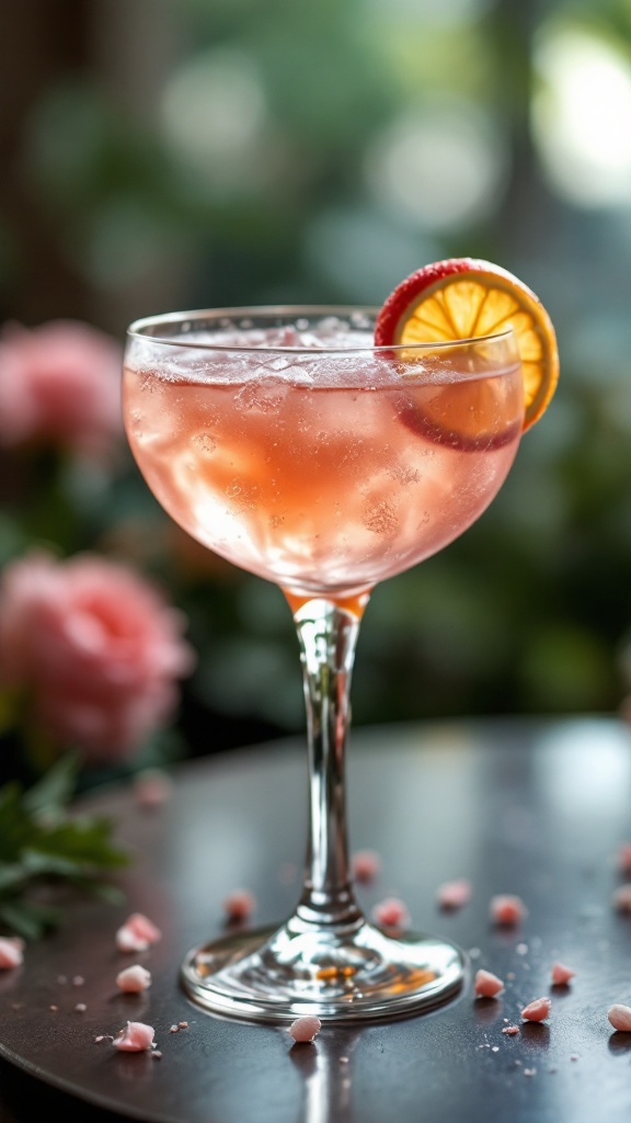 A Blushing Bride Cocktail garnished with a flower, perfect for Valentine's Day.