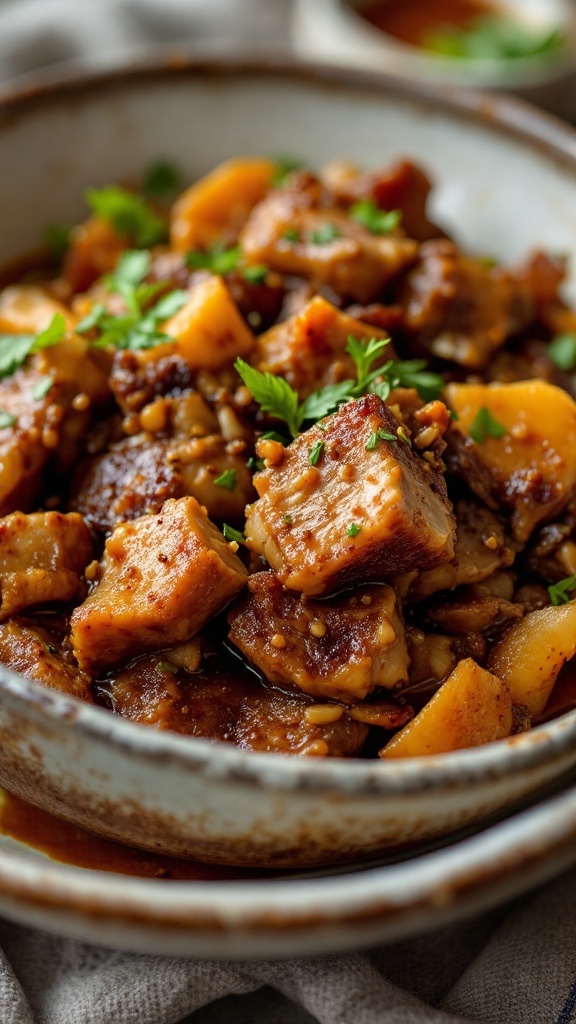 Bowl of braised Chinese five-spice pork with vegetables