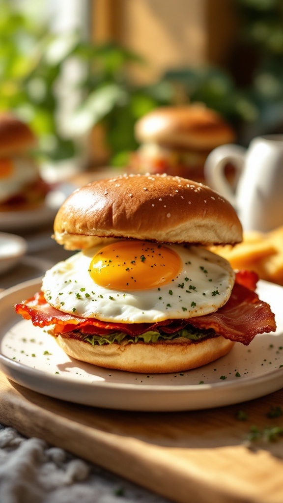 Delicious breakfast slider with fried egg and bacon