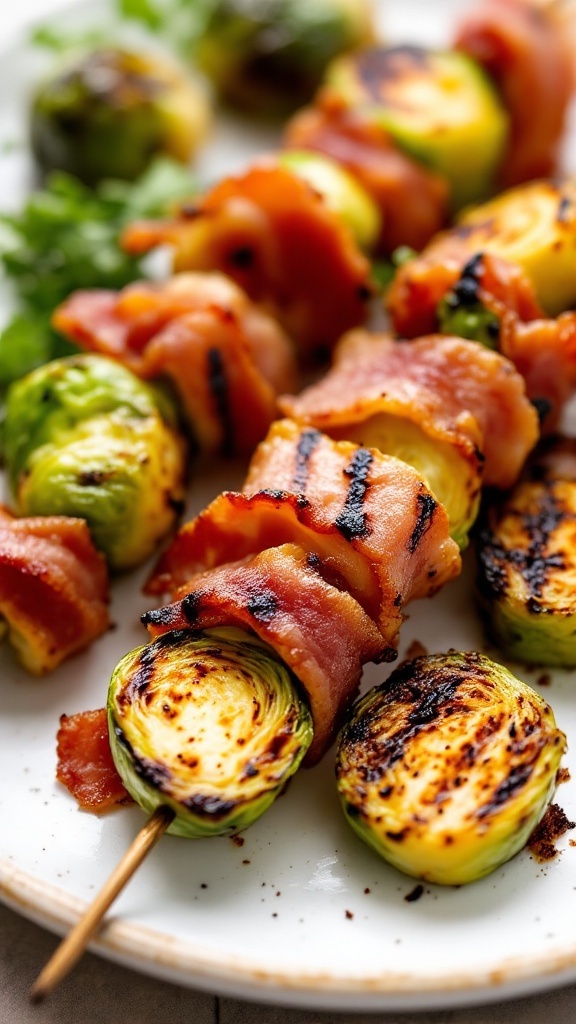 Brussels sprouts wrapped in bacon on skewers, grilled to perfection