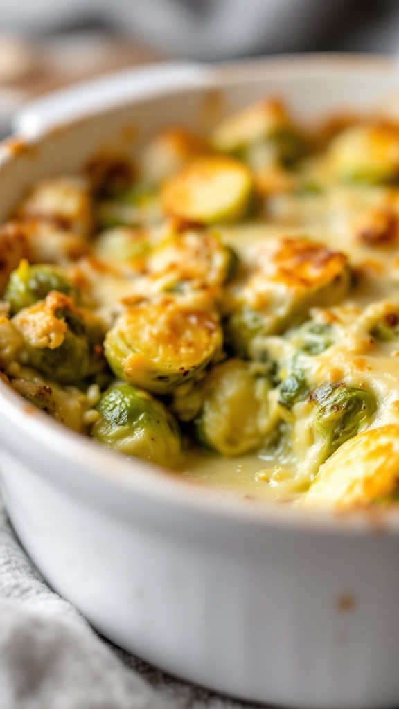 Brussels sprouts gratin topped with cheese and breadcrumbs