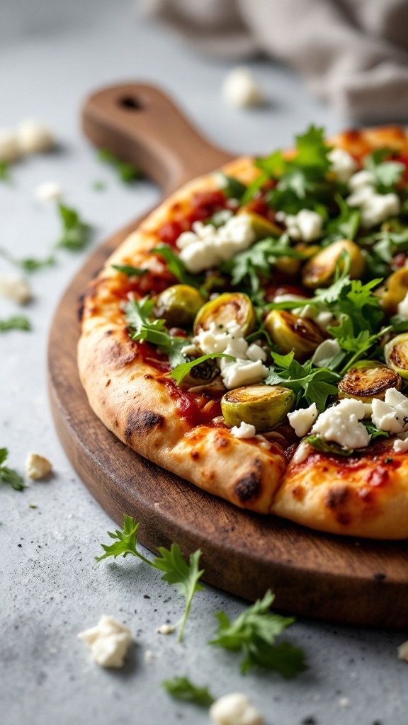 Brussels sprouts pizza topped with goat cheese and greens on a wooden board