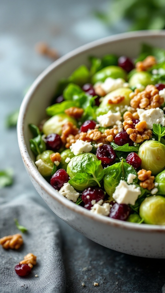 A bowl of Brussels sprouts salad with cranberries and feta cheese, topped with walnuts.