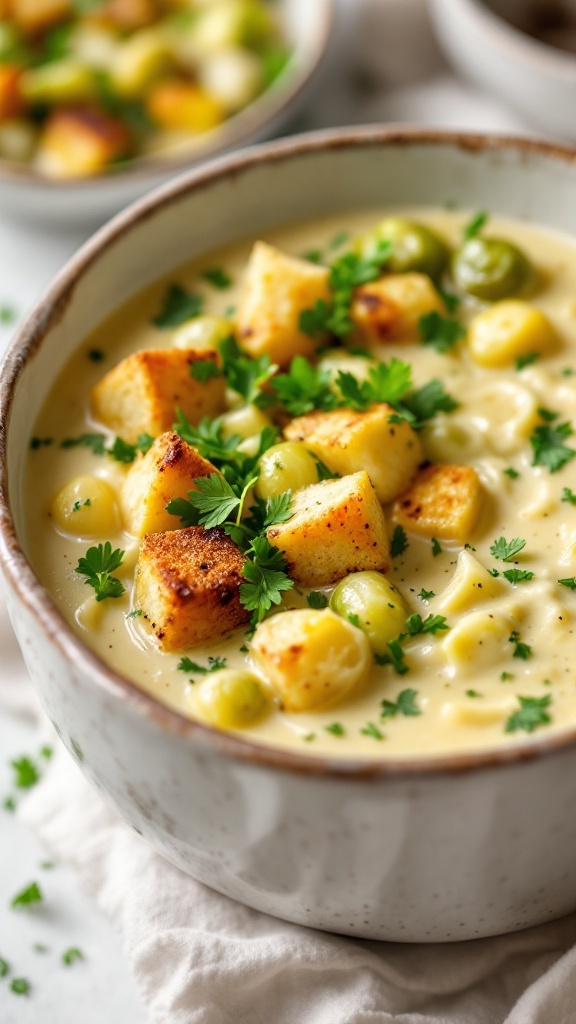 A bowl of creamy Brussels sprouts soup topped with croutons and fresh herbs.