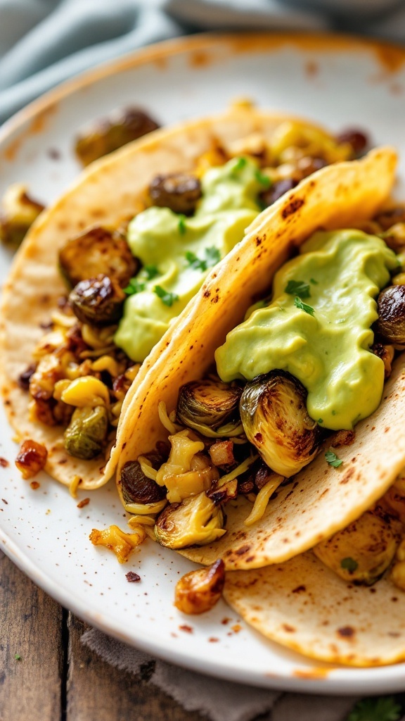 Brussels sprouts tacos topped with avocado cream