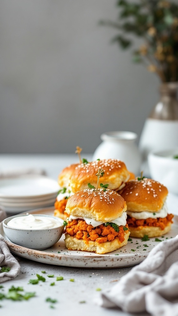 Buffalo cauliflower sliders served on a plate with a side of dipping sauce.