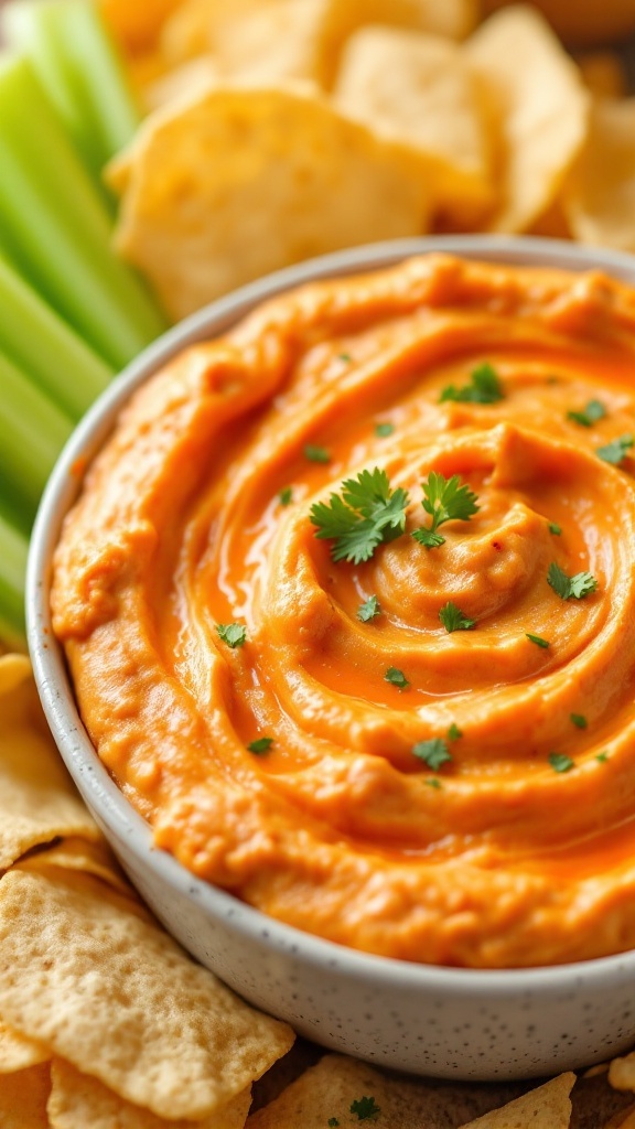 A bowl of creamy buffalo chicken dip garnished with herbs and surrounded by chips and celery sticks.