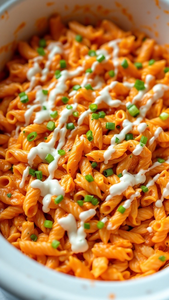 A bowl of creamy Buffalo chicken pasta topped with green onions and drizzled with ranch dressing.